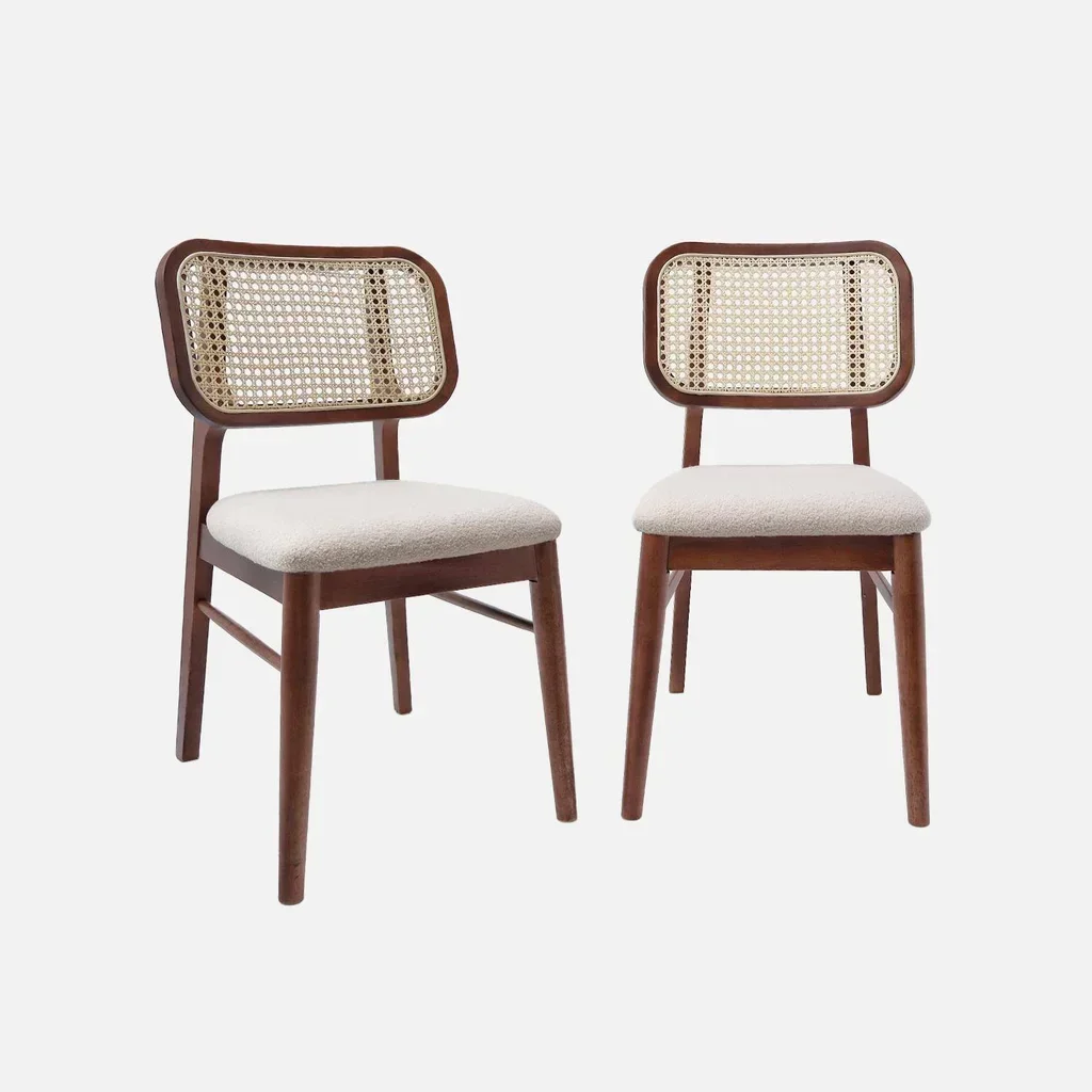 Lot 2 chaises rétro bois hévéa assise cannée accoudoirs bouclette crème