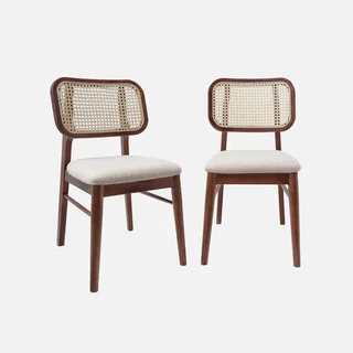 Lot 2 chaises rétro bois hévéa assise cannée accoudoirs bouclette crème