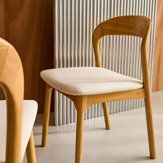 2 Vintage Hevea Wood Beige Fabric Chairs Athena Set