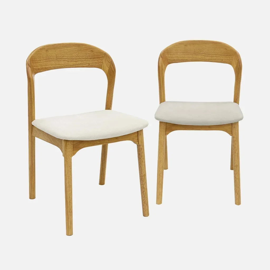 2 Vintage Hevea Wood Beige Fabric Chairs Athena Set