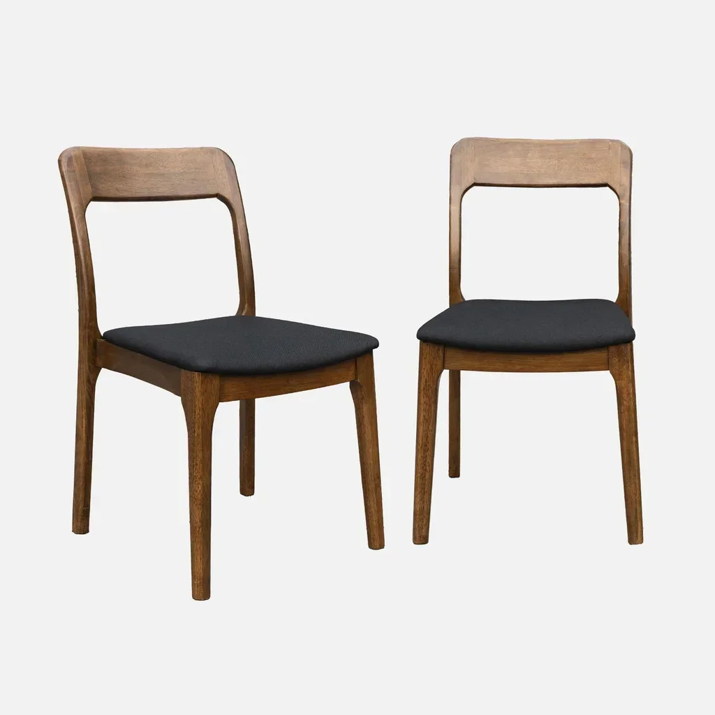 2er Set Elena Retro Stühle Massivholz Hevea und schwarzer Stoff