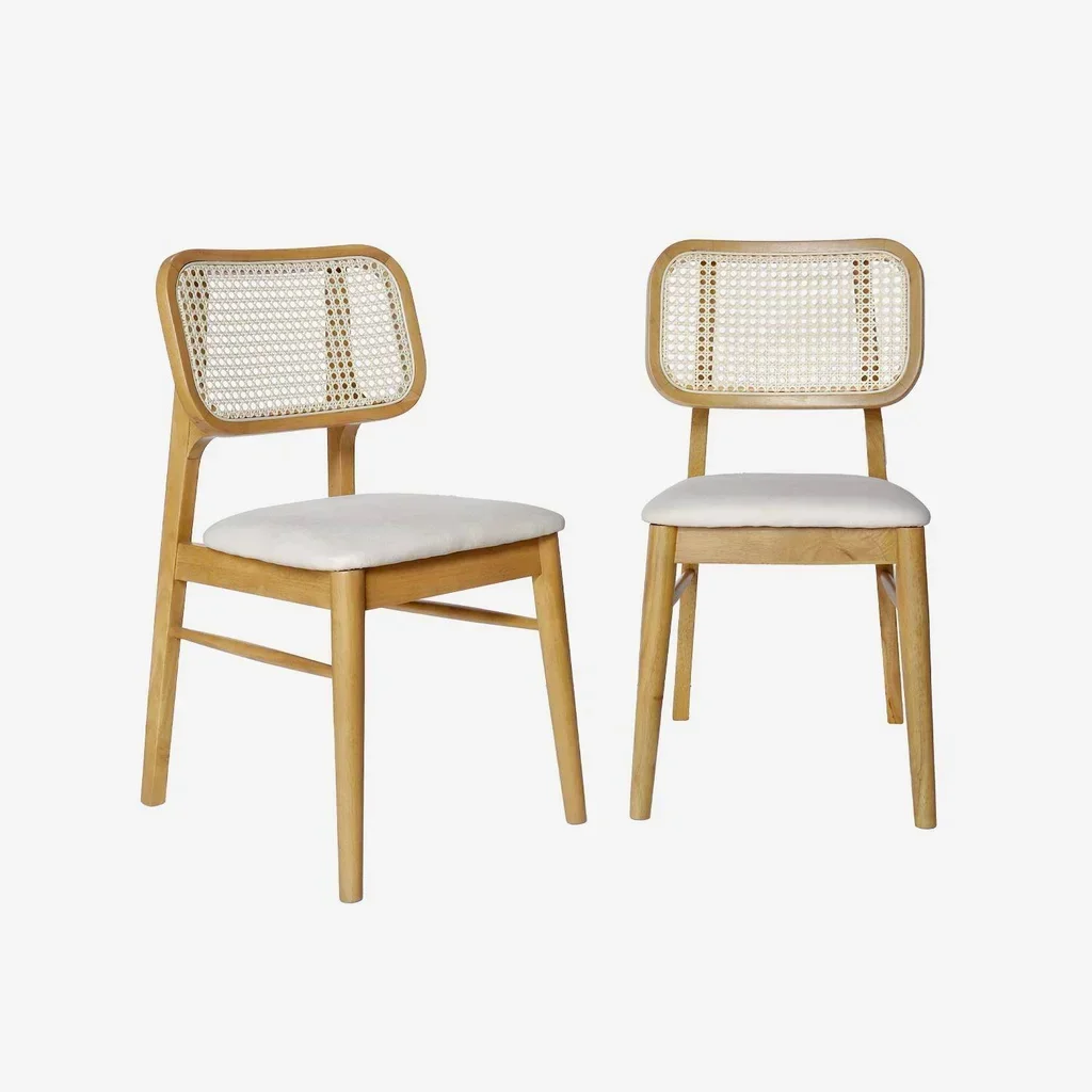 Chaises bohème hévéa cannage tissu beige lot 2
