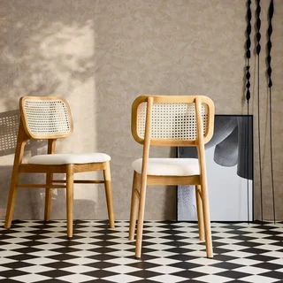 Chaises bohème hévéa cannage tissu beige lot 2