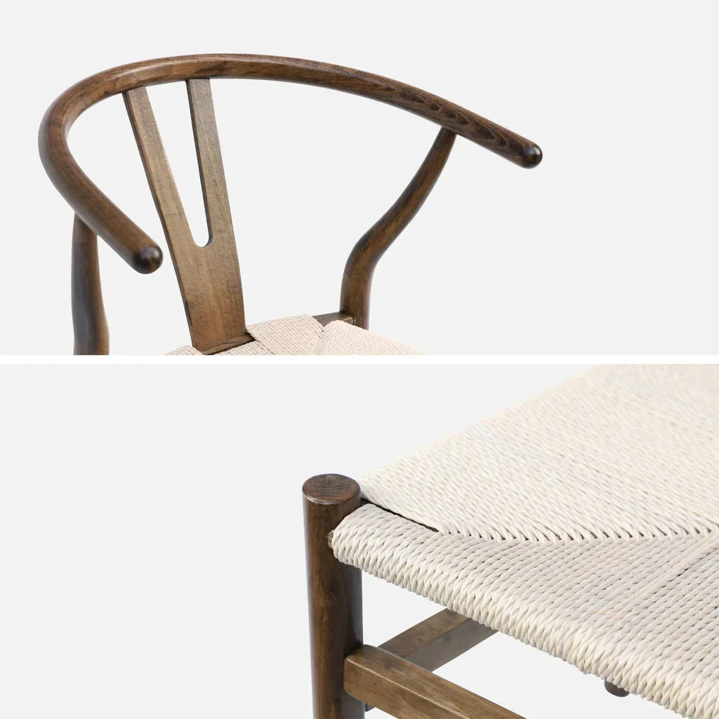 Deux chaises vintage bois hêtre et cordes tressées empilables