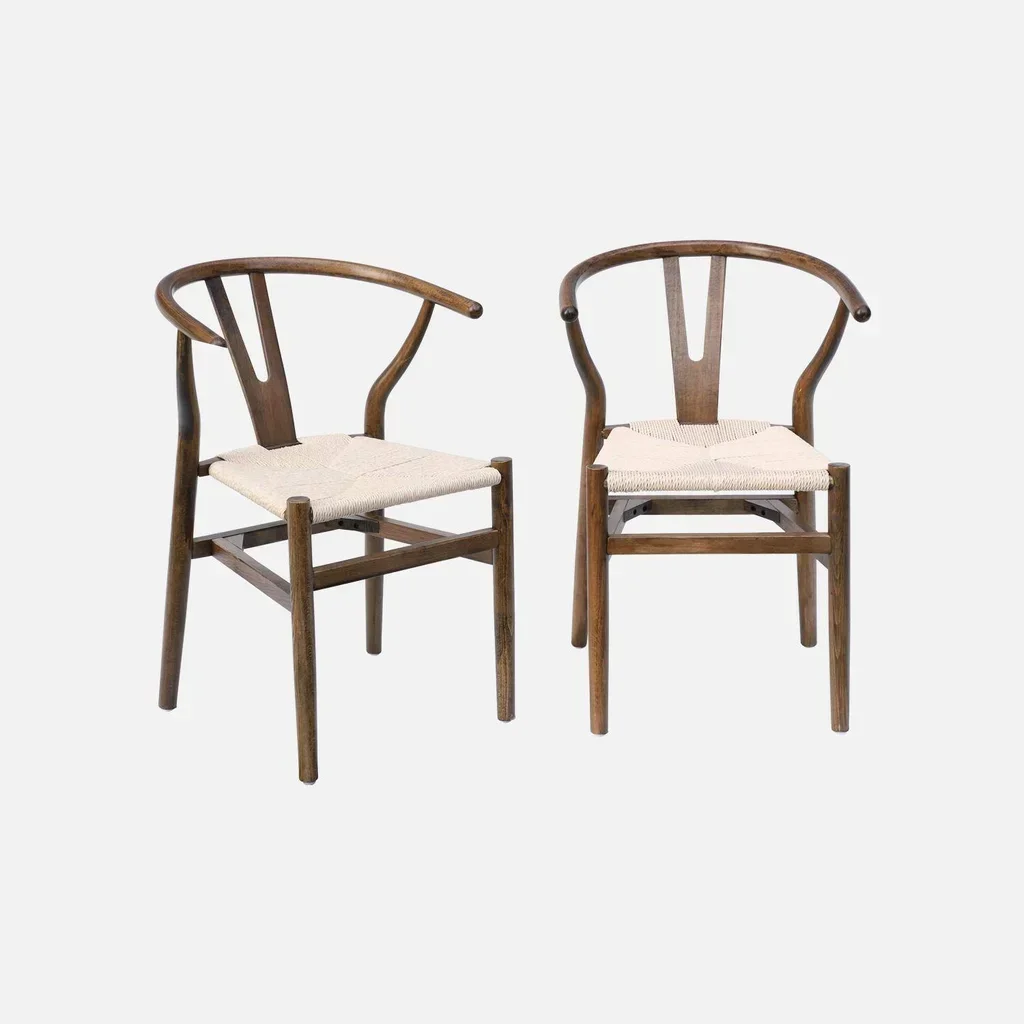 Deux chaises vintage bois hêtre et cordes tressées empilables