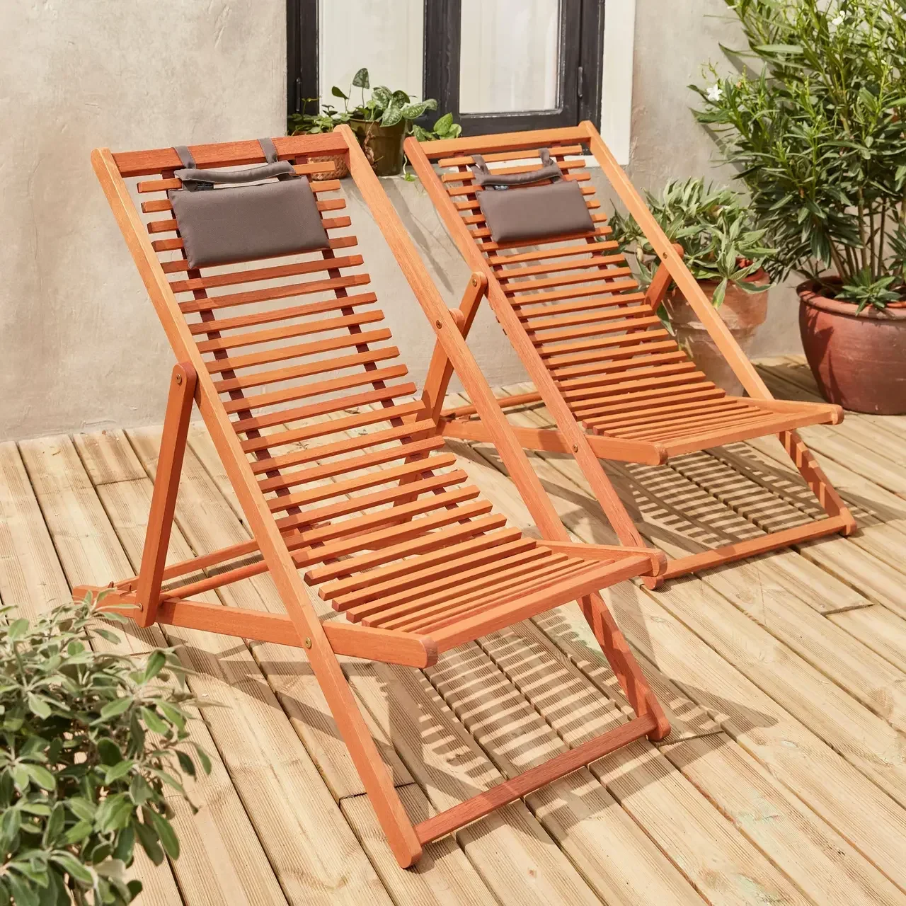 Lot de 2 chiliennes en bois d'eucalyptus pliables et réglables pour terrasse
