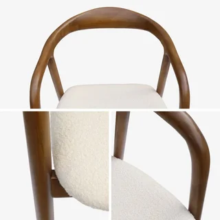 2 fauteuils vintage Sara bois hévéa noyer assise bouclette blanche