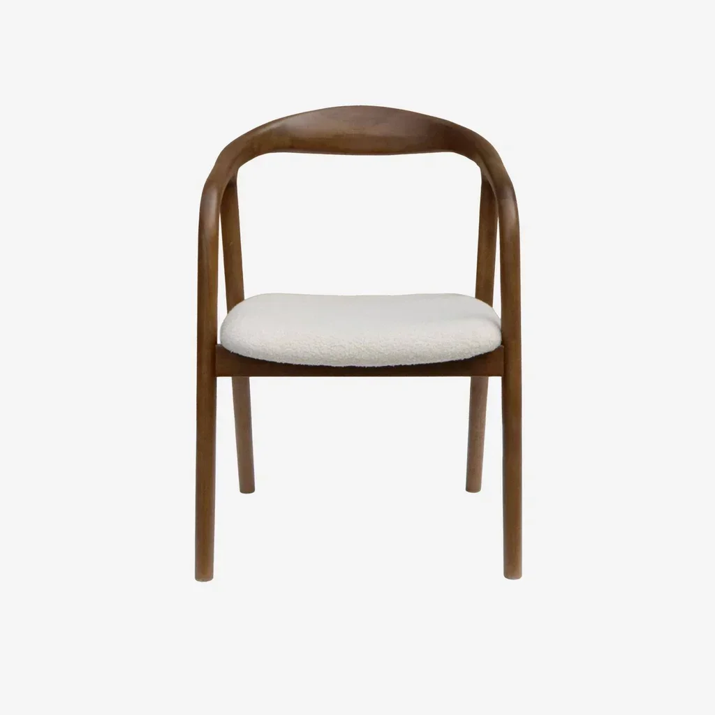 2 fauteuils vintage Sara bois hévéa noyer assise bouclette blanche