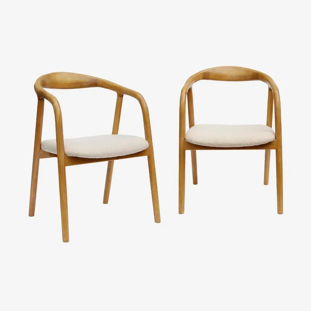 2 fauteuils vintage bois hévéa assise bouclette blanche Sara