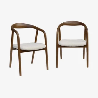 2 fauteuils vintage Sara bois hévéa noyer assise bouclette blanche