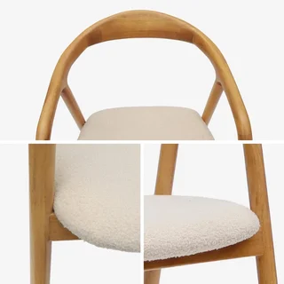 2 fauteuils vintage bois hévéa assise bouclette blanche Sara