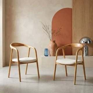 2 fauteuils vintage bois hévéa assise bouclette blanche Sara