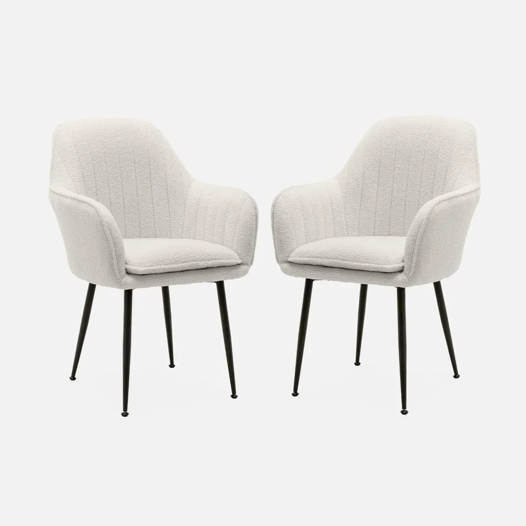 Lot de 2 fauteuils bouclette blancs vintage avec pieds métal noir