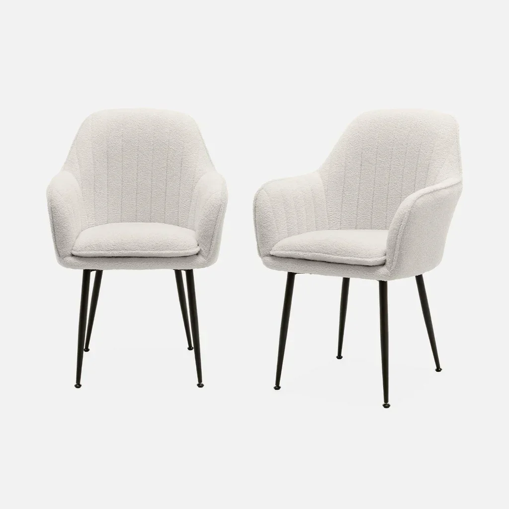 Lot de 2 fauteuils bouclette blancs vintage avec pieds métal noir