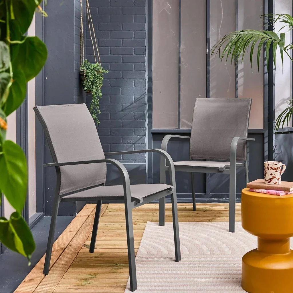 Lot de 2 fauteuils empilables aluminium textilène jardin extérieur confort