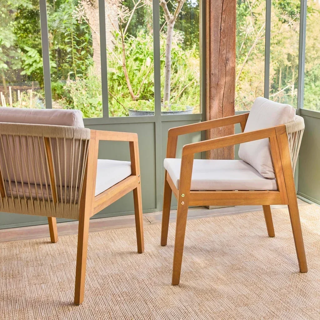 Lot de 2 fauteuils de jardin en bois d'acacia avec assise en corde Granada