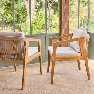 Lot de 2 fauteuils de jardin en bois d'acacia avec assise en corde Granada