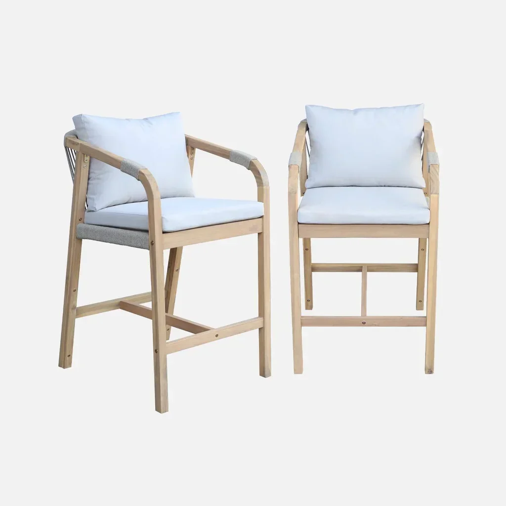 2er Set Gartensessel Holz Akazie Seil mit beige Kissen