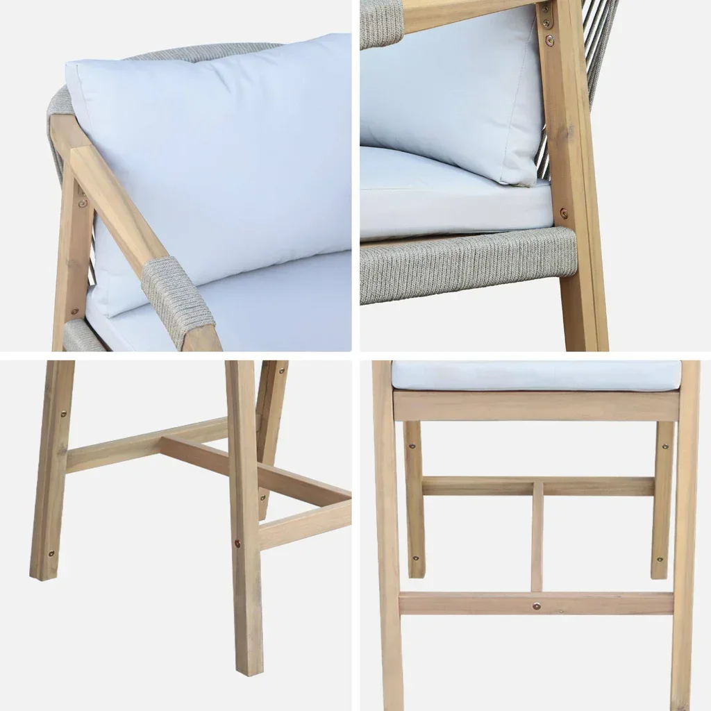 2er Set Gartensessel Holz Akazie Seil mit beige Kissen