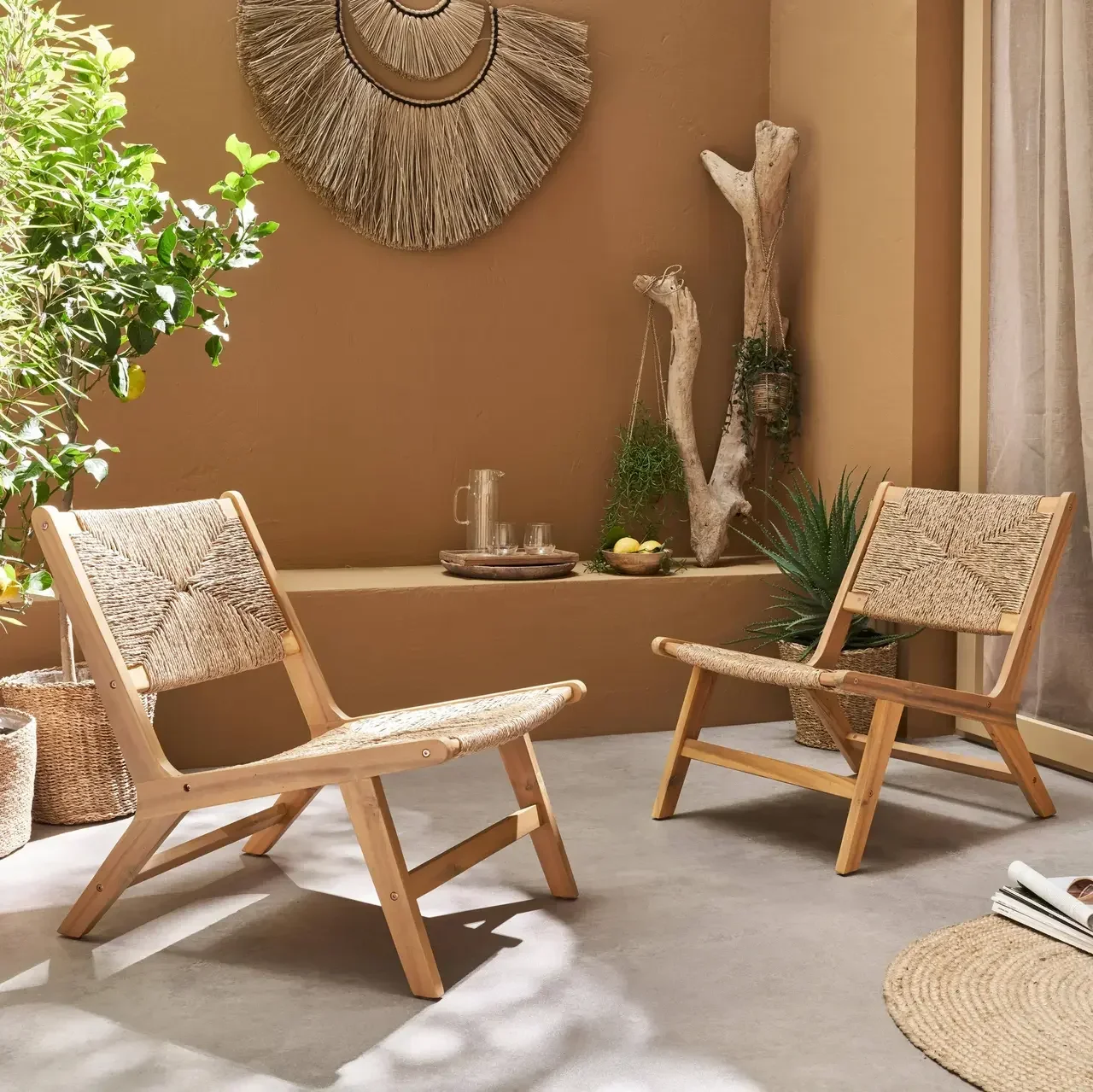 Lot de 2 fauteuils de jardin relax bois acacia résine tressée extérieur