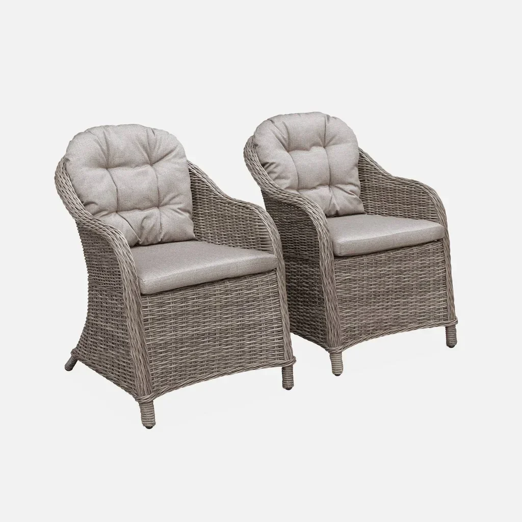 2 fauteuils jardin résine tressée ronde Lecco avec coussins déhoussables