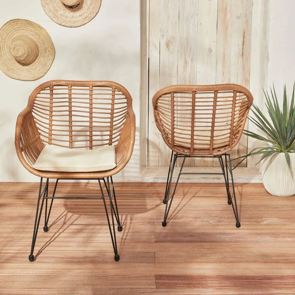 2 fauteuils jardin résine tressée style rotin structure métallique noir