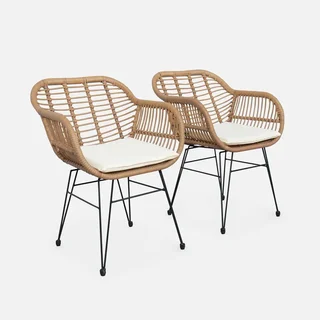 2 fauteuils jardin résine tressée style rotin structure métallique noir