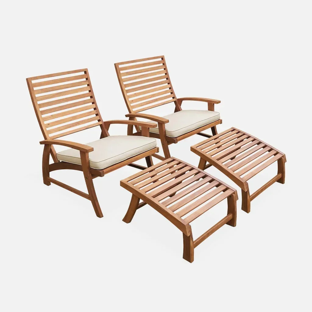 2 fauteuils relax jardin acacia avec repose-pieds et coussins beige