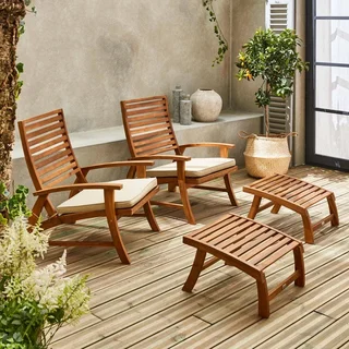 2 Garten-Relaxsessel aus Akazie mit Fußstützen und beigen Kissen