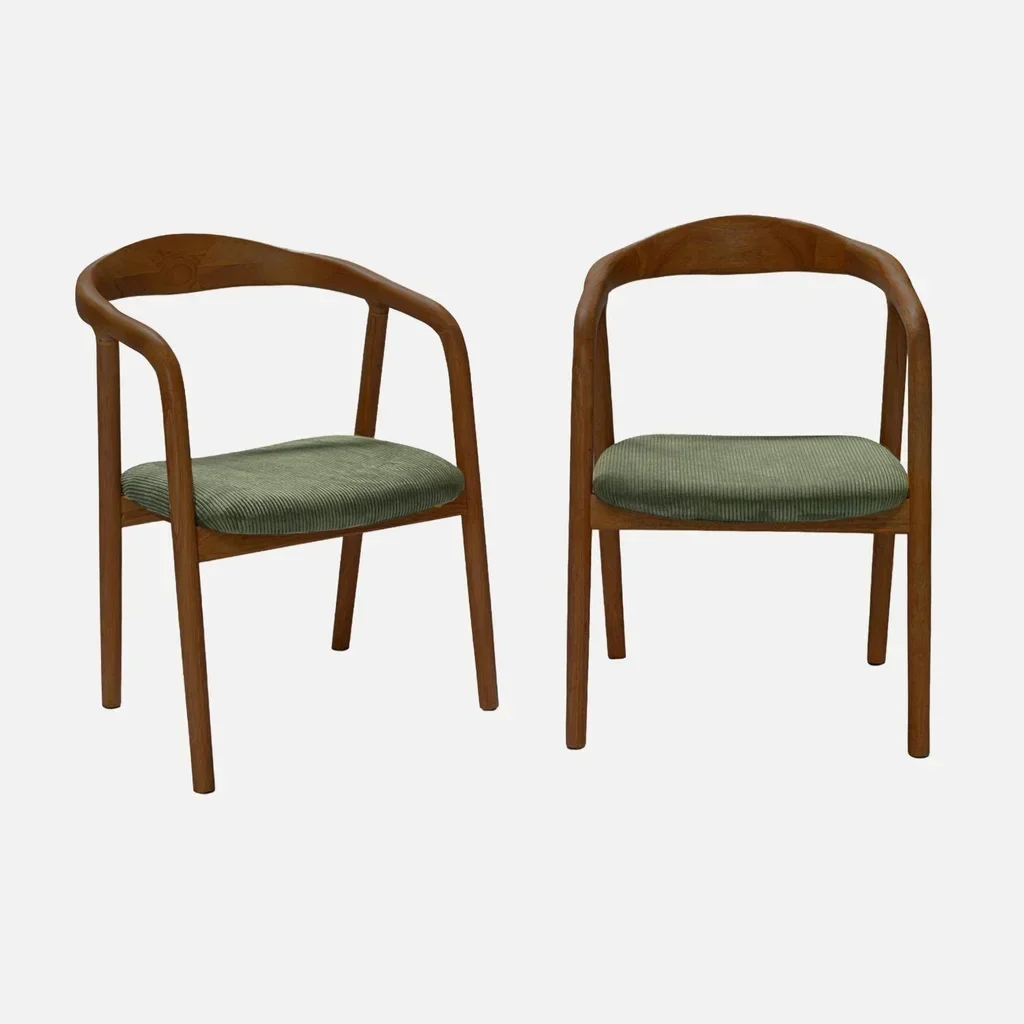 2 Retro Sessel Massivholz Kautschukbaum Nussbaum Cord-Samt Sara
