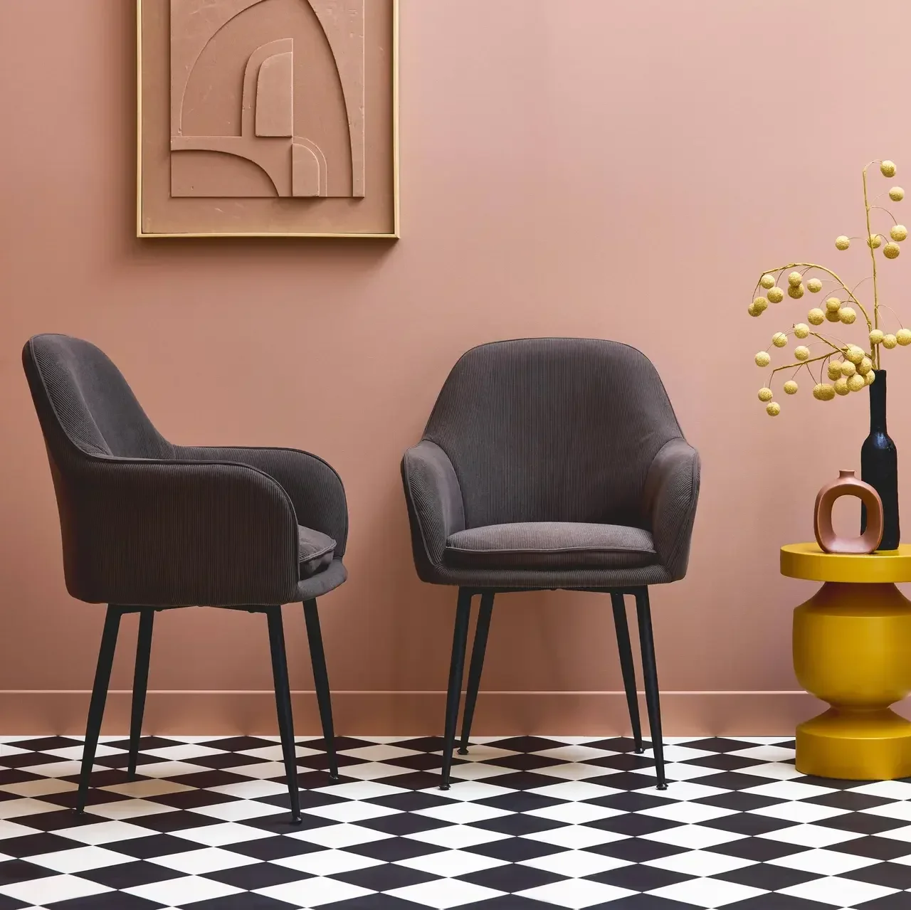 2 fauteuils velours côtelé vintage noir Shella