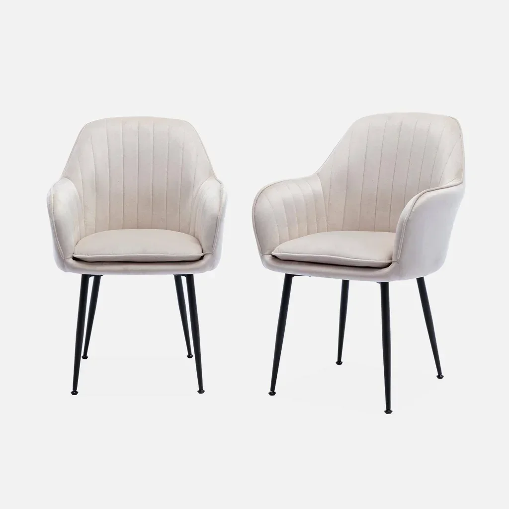 2 fauteuils velours blanc cassé vintage pieds dorés Shella