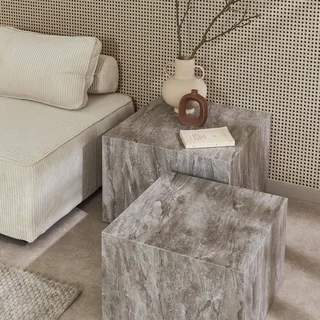 Lot 2 tables gigognes carrées effet marbre salon Paros