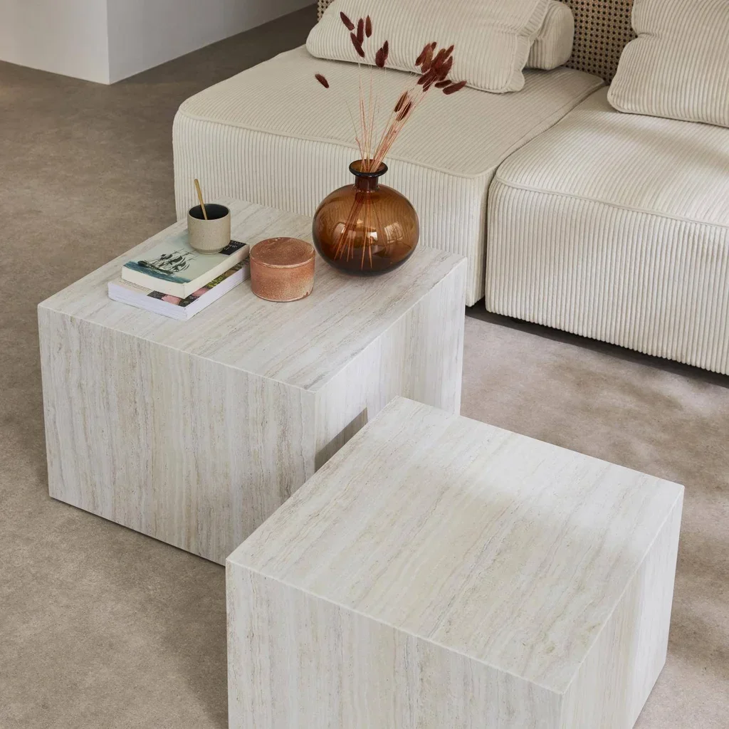 Lot de 2 tables d'appoint encastrables carrées effet marbre Paros