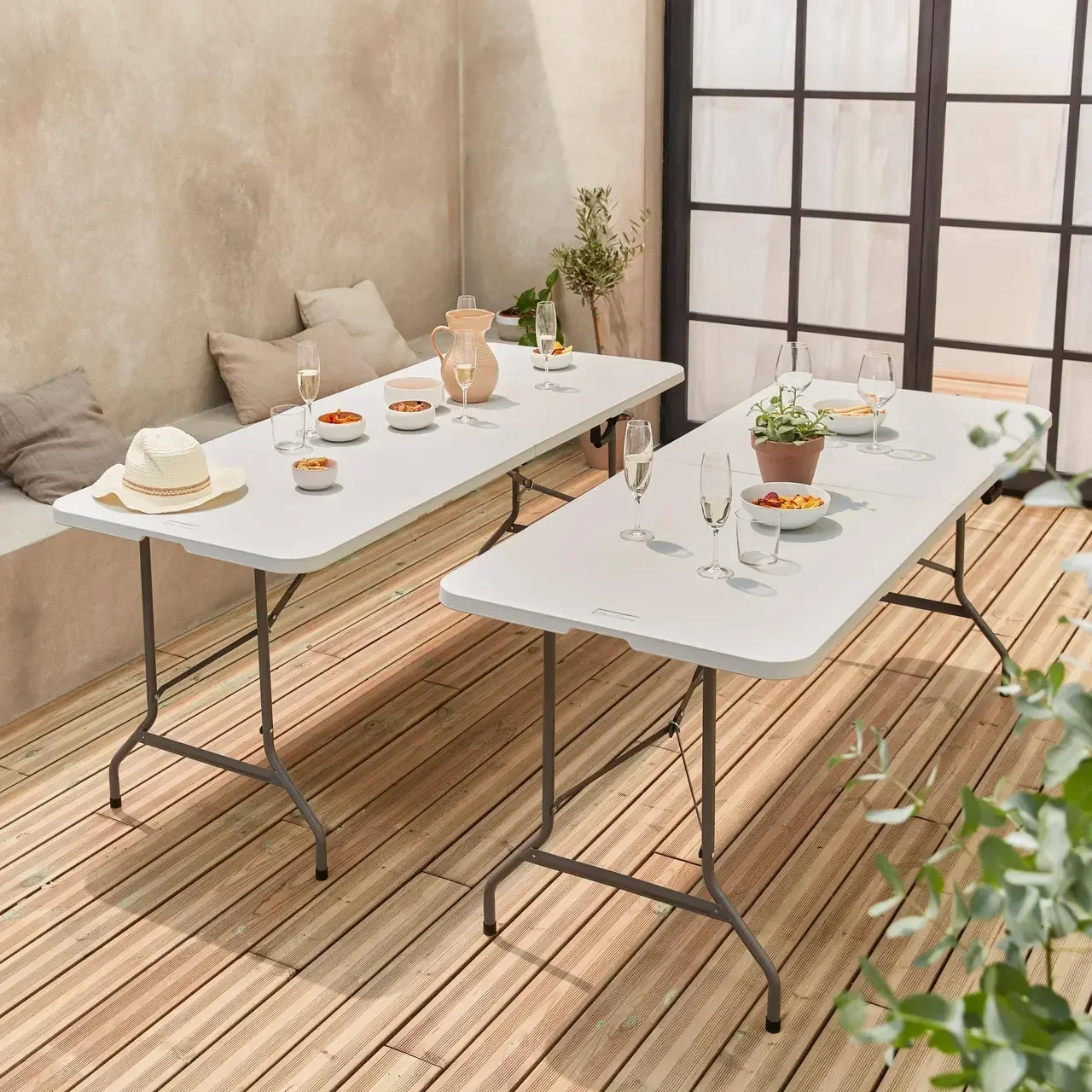 Lot de 2 tables d'appoint pliantes 180cm plastique réception intérieur extérieur
