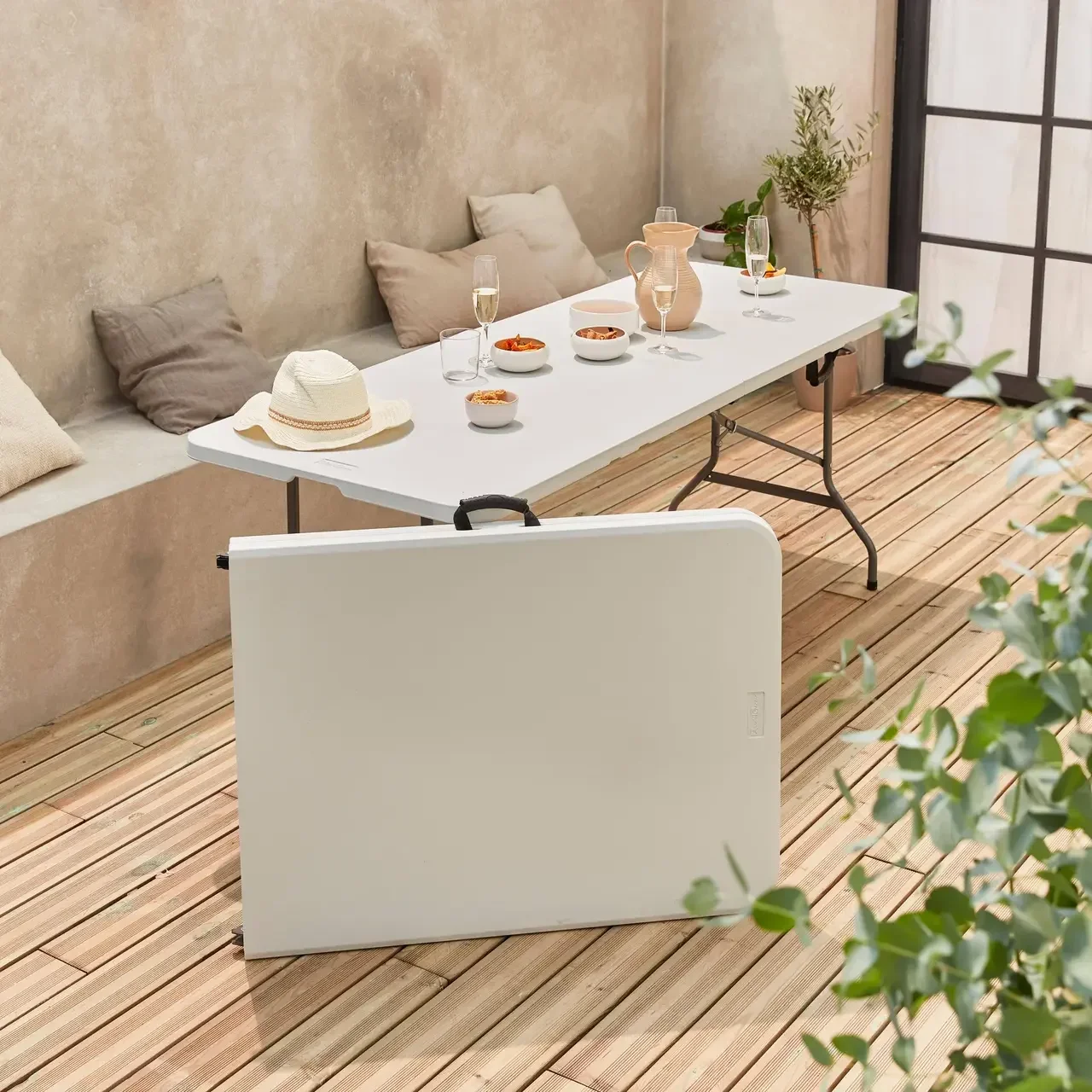 Lot de 2 tables d'appoint pliantes 180cm plastique réception intérieur extérieur