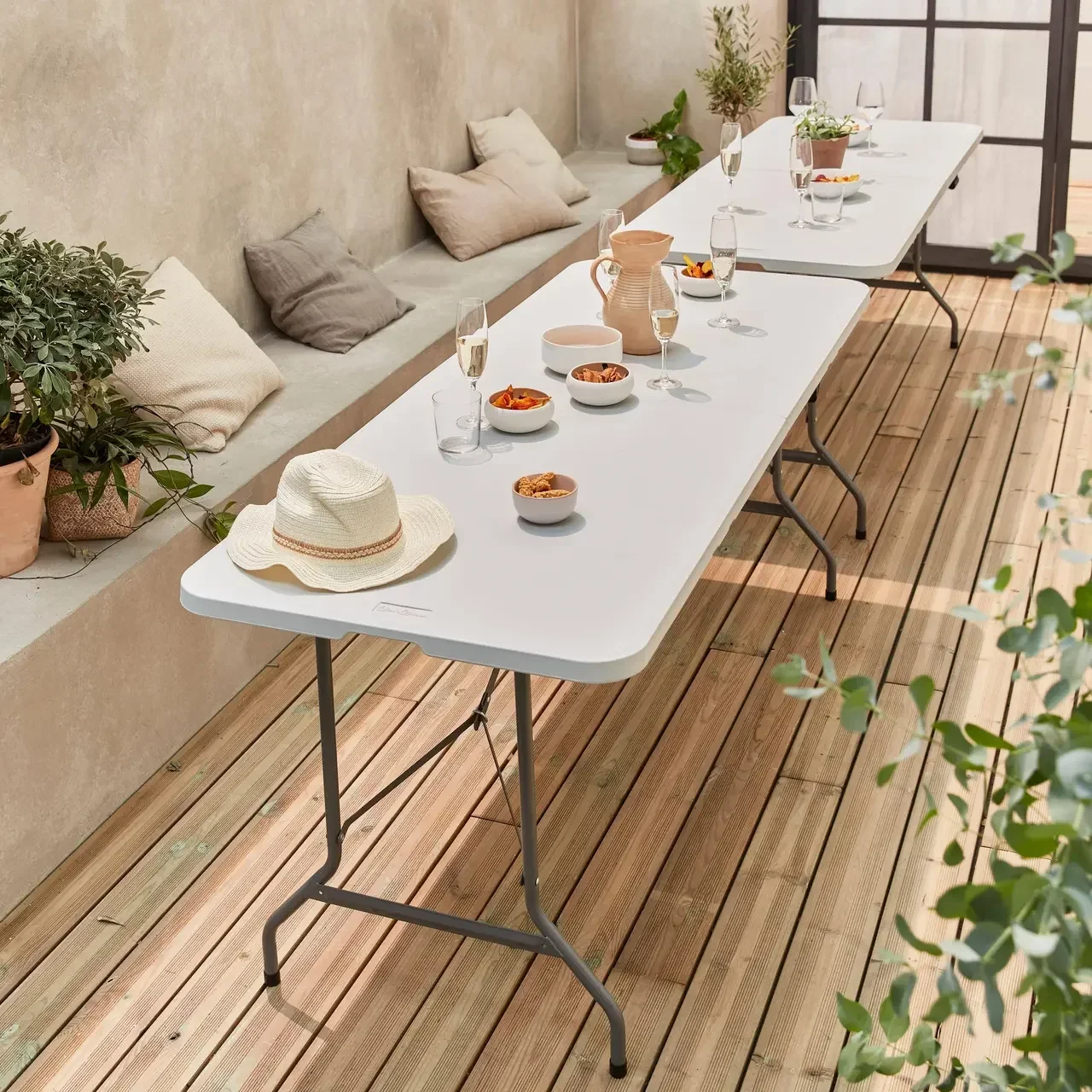 Lot de 2 tables d'appoint pliantes 180cm plastique réception intérieur extérieur