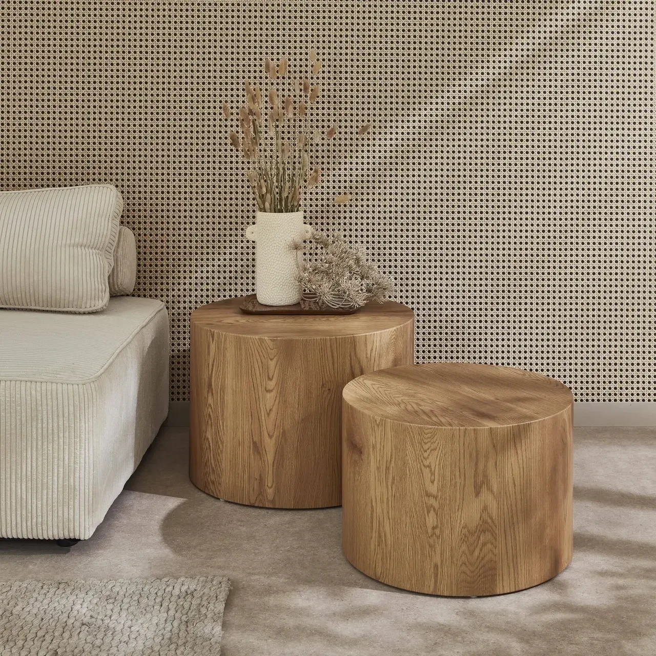 Lot de 2 tables basses rondes gigognes effet bois pour salon contemporain