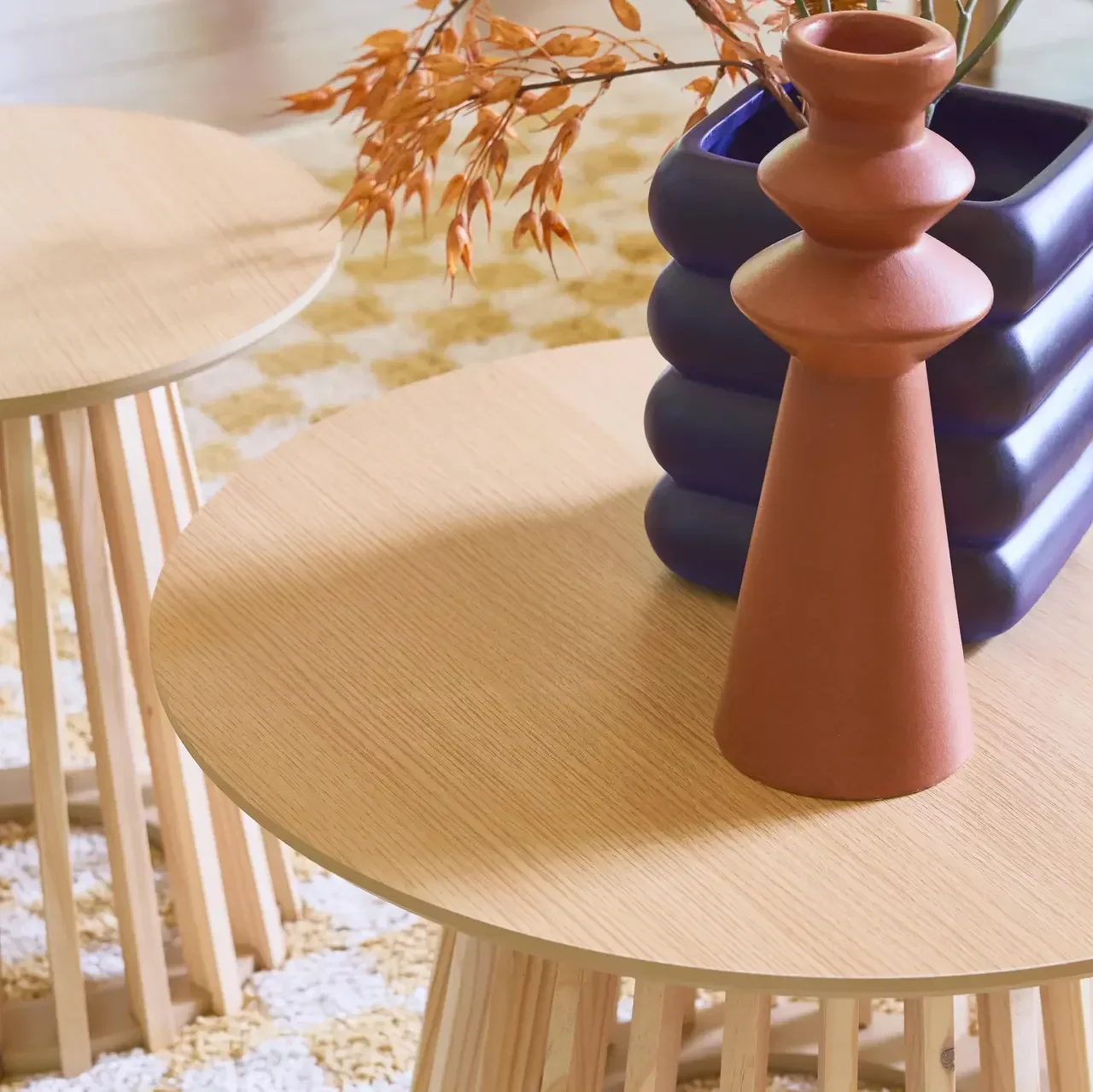 Lot 2 tables basses rondes design bois sapin Ø40 et Ø60 cm salon contemporain
