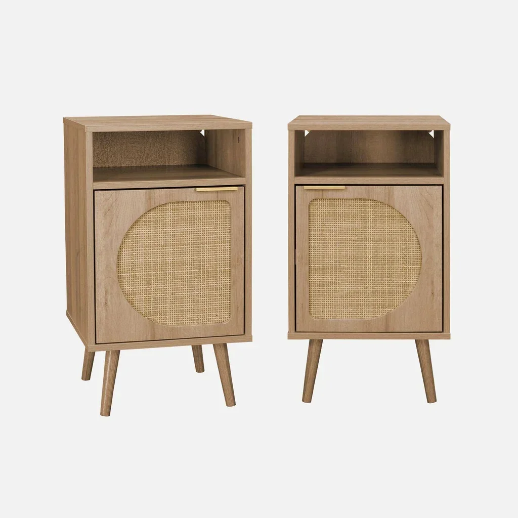 Conjunto de 2 Mesas de Cabeceira Redondas de Madeira e Rattan Estilo Boho Eva