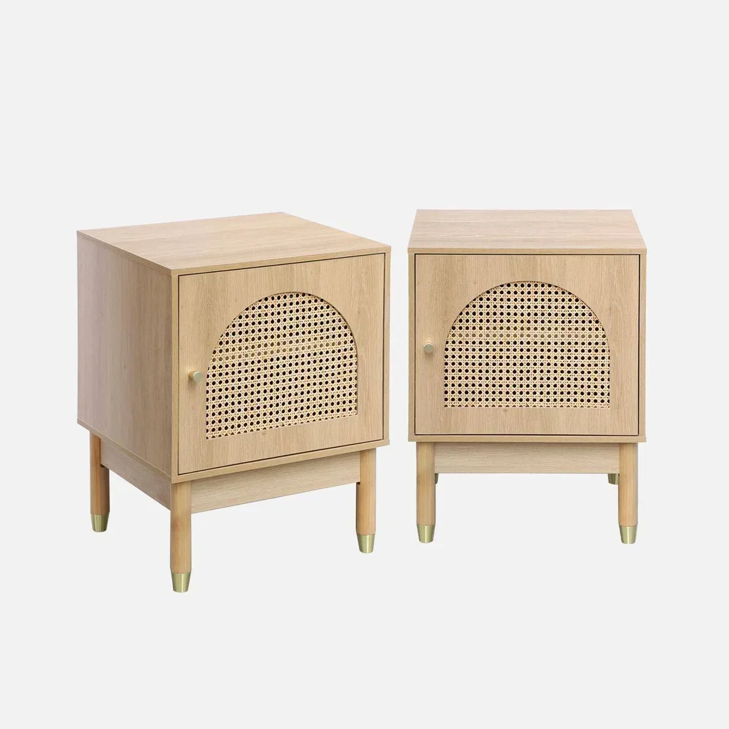 2er Set Holz Rattan Gold Nachttische Boho Chic Stil Judith