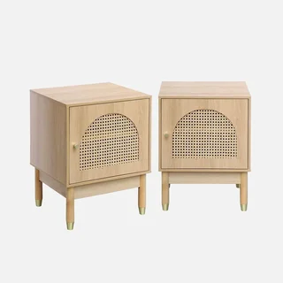 2er Set Holz Rattan Gold Nachttische Boho Chic Stil Judith