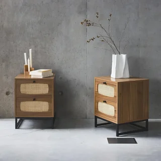 Set of 2 Dark Wood Rattan Nightstands 2 Drawers Vintage Retro Style