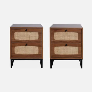 Set of 2 Dark Wood Rattan Nightstands 2 Drawers Vintage Retro Style