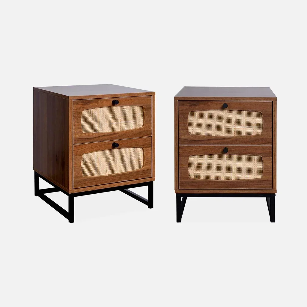 Set of 2 Dark Wood Rattan Nightstands 2 Drawers Vintage Retro Style
