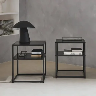 Lot de 2 tables de chevet métal noires style industriel avec étagère