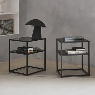 Lot de 2 tables de chevet métal noires style industriel avec étagère