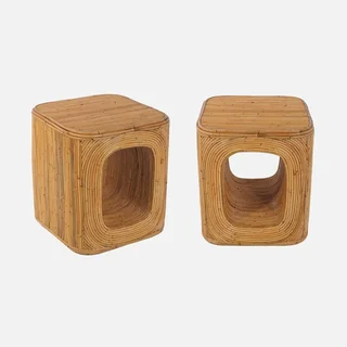 Set of 2 Natural Rattan Nightstands with Open Storage