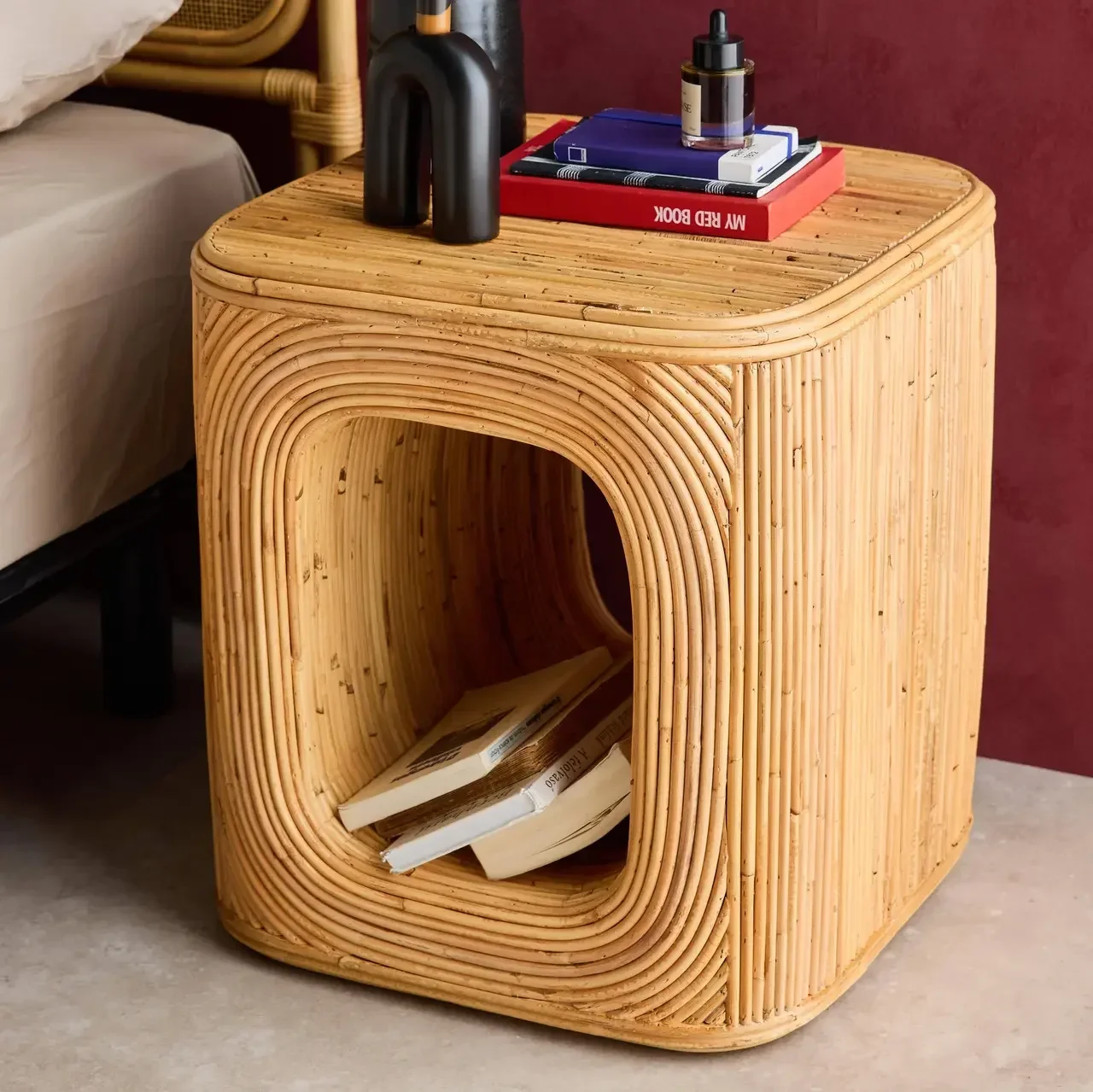 Lot de 2 tables de chevet en rotin naturel avec rangement ouvert