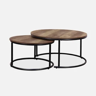 Runde Satztische Schwarzmetall Holzplatte Industriestil 2er Set